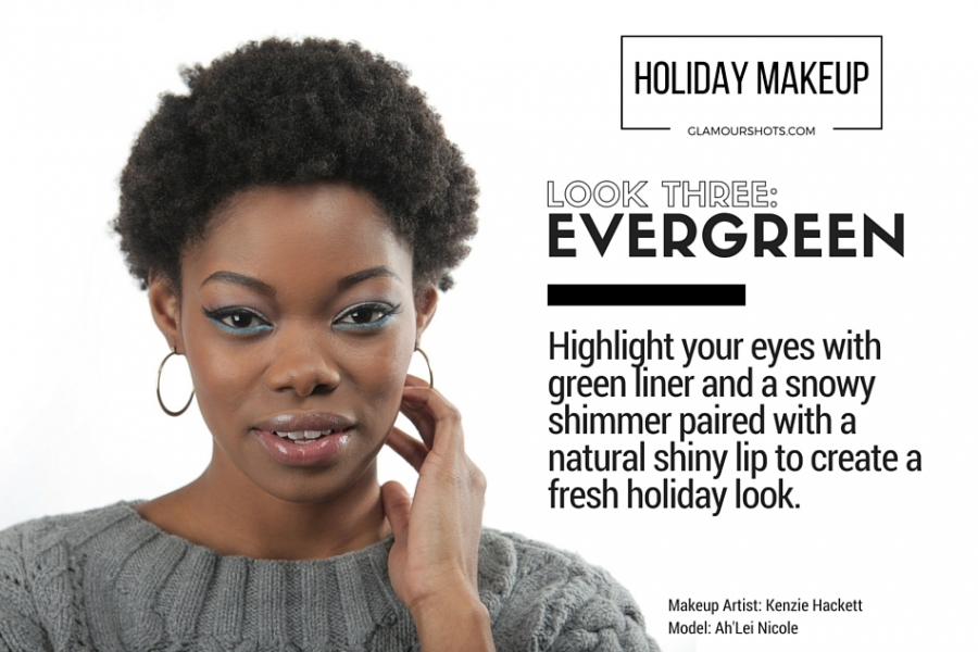 Holiday Makeup with Green Eyeliner and Neutral Shiny Lips